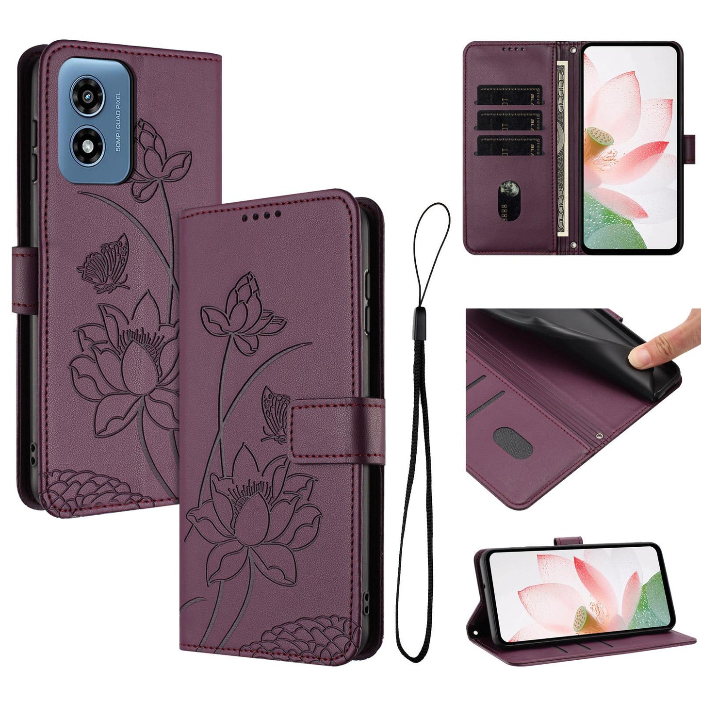 Motorola Moto G Play 5G 2024 Lotus Embossed PU Leather Wallet Phone Case with Card Holder, Cash Pocket, Magnetic Flip Stand Cover, Wrist Lanyard Strap, Shockproof TPU Protective Folio Case - Purple