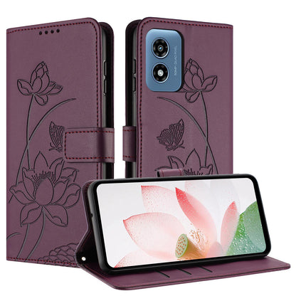Motorola Moto G 5G 2024 Lotus Embossed PU Leather Wallet Phone Case with Card Holder, Cash Pocket, Magnetic Flip Stand Cover, Wrist Lanyard Strap, Shockproof TPU Protective Folio Case - Purple