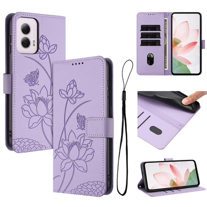 Motorola Moto G Power 2024 Lotus Embossed PU Leather Wallet Phone Case with Card Holder, Cash Pocket, Magnetic Flip Stand Cover, Wrist Lanyard Strap, Shockproof TPU Protective Folio Case - Purple