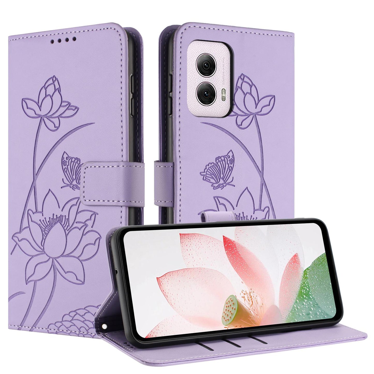 Motorola Moto G Power 2024 Lotus Embossed PU Leather Wallet Phone Case with Card Holder, Cash Pocket, Magnetic Flip Stand Cover, Wrist Lanyard Strap, Shockproof TPU Protective Folio Case - Purple