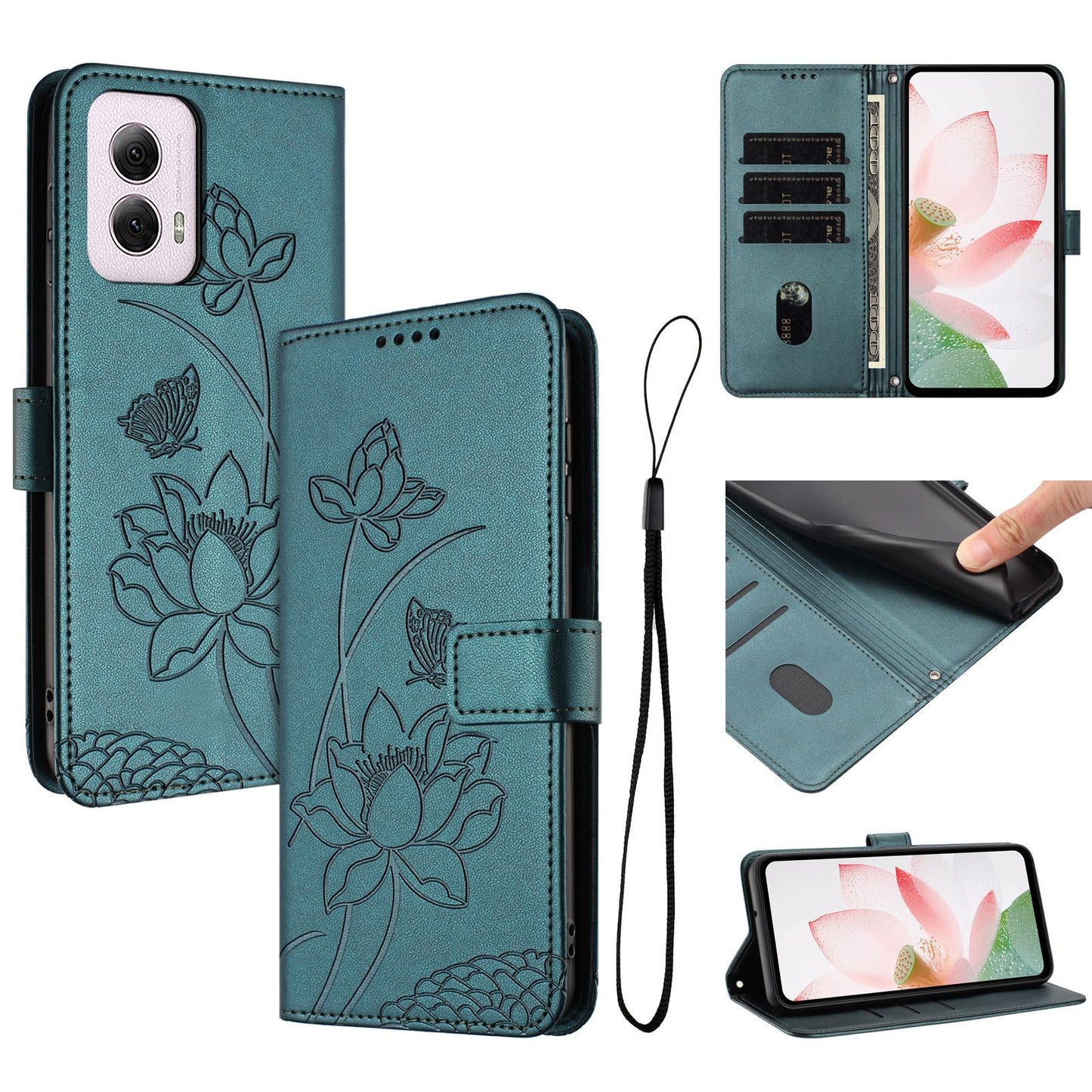 Motorola Moto G Power 2024 Lotus Embossed PU Leather Wallet Phone Case with Card Holder, Cash Pocket, Magnetic Flip Stand Cover, Wrist Lanyard Strap, Shockproof TPU Protective Folio Case - Purple