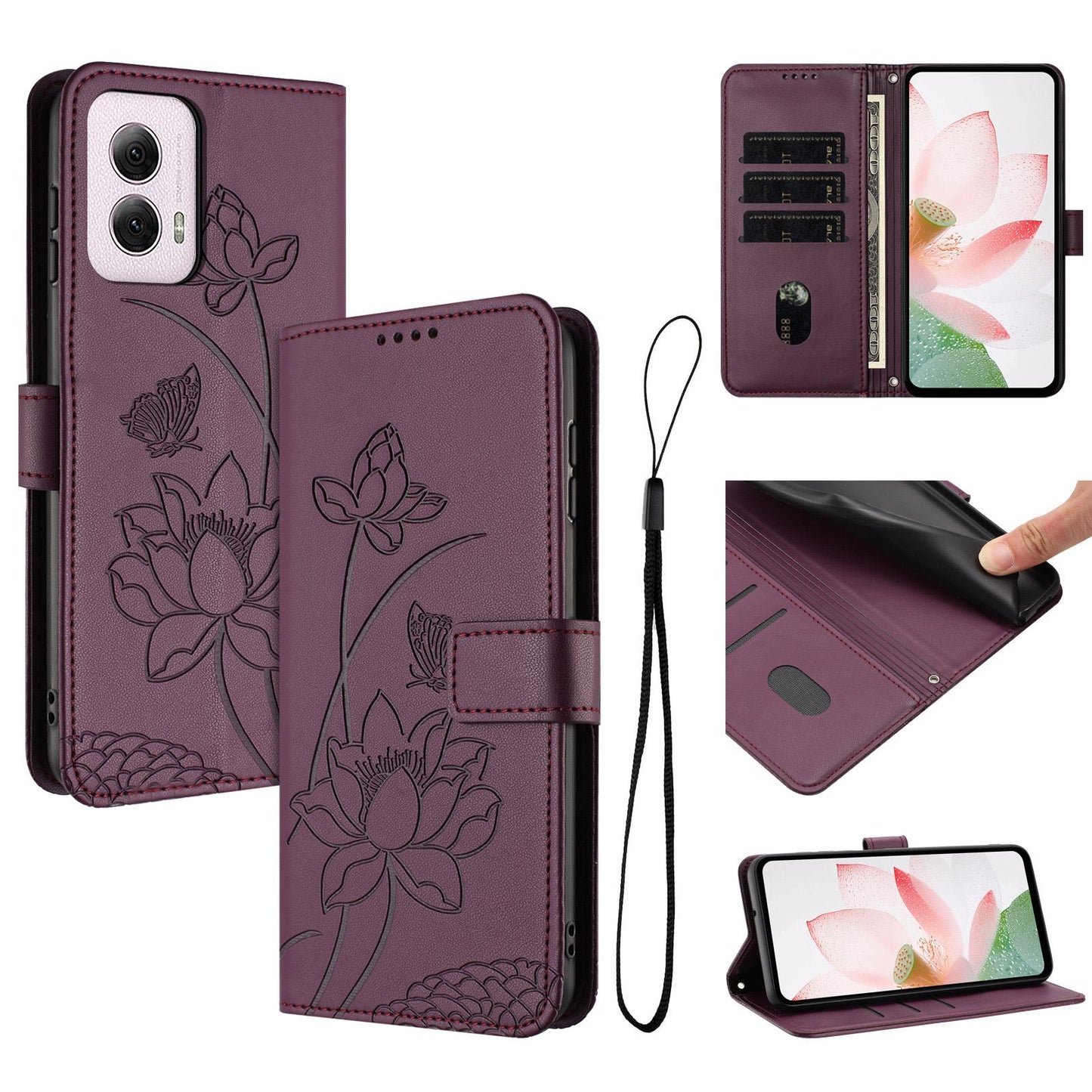 Motorola Moto G Power 2024 Lotus Embossed PU Leather Wallet Phone Case with Card Holder, Cash Pocket, Magnetic Flip Stand Cover, Wrist Lanyard Strap, Shockproof TPU Protective Folio Case - Purple