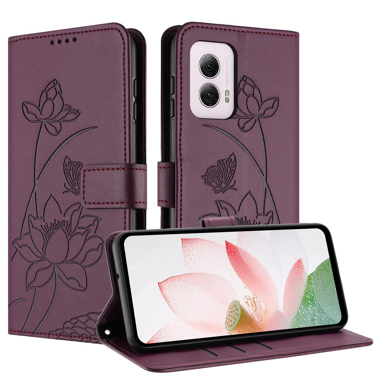 Motorola Moto G Power 2024 Lotus Embossed PU Leather Wallet Phone Case with Card Holder, Cash Pocket, Magnetic Flip Stand Cover, Wrist Lanyard Strap, Shockproof TPU Protective Folio Case - Purple