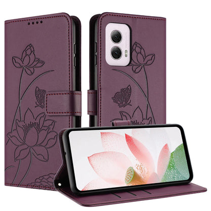 Motorola Moto G Power 2024 Lotus Embossed PU Leather Wallet Phone Case with Card Holder, Cash Pocket, Magnetic Flip Stand Cover, Wrist Lanyard Strap, Shockproof TPU Protective Folio Case - Purple