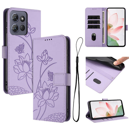 Motorola Moto G Power 2025 Lotus Embossed PU Leather Wallet Phone Case with Card Holder, Cash Pocket, Magnetic Flip Stand Cover, Wrist Lanyard Strap, Shockproof TPU Protective Folio Case - Purple