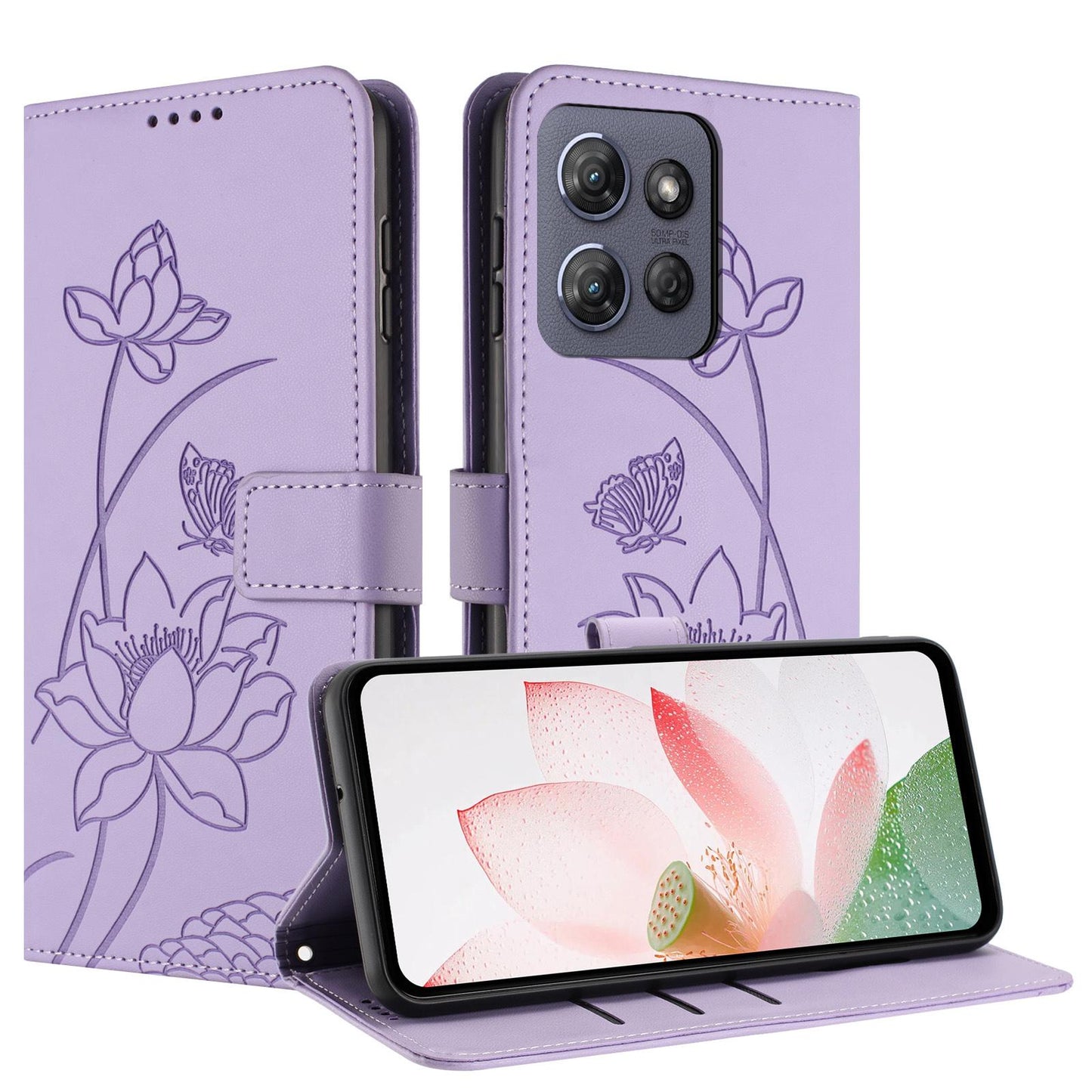 Motorola Moto G Power 2025 Lotus Embossed PU Leather Wallet Phone Case with Card Holder, Cash Pocket, Magnetic Flip Stand Cover, Wrist Lanyard Strap, Shockproof TPU Protective Folio Case - Purple