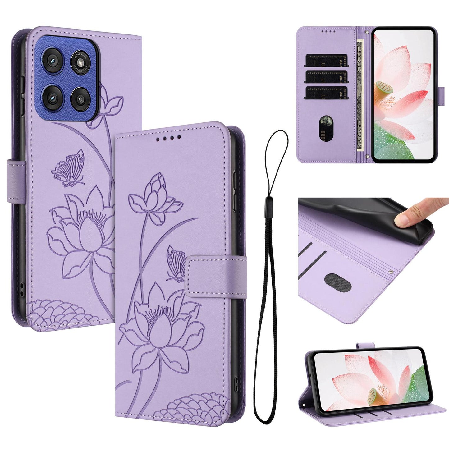 Motorola Moto G Stylus 5G 2025 Lotus Embossed PU Leather Wallet Phone Case with Card Holder, Cash Pocket, Magnetic Flip Stand Cover, Wrist Lanyard Strap, Shockproof TPU Protective Folio Case - Purple