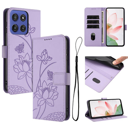 Motorola Moto G Stylus 5G 2025 Lotus Embossed PU Leather Wallet Phone Case with Card Holder, Cash Pocket, Magnetic Flip Stand Cover, Wrist Lanyard Strap, Shockproof TPU Protective Folio Case - Purple