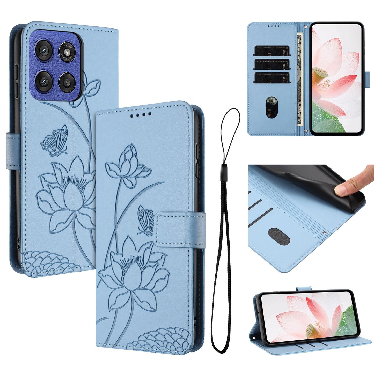 Motorola Moto G Stylus 5G 2025 Lotus Embossed PU Leather Wallet Phone Case with Card Holder, Cash Pocket, Magnetic Flip Stand Cover, Wrist Lanyard Strap, Shockproof TPU Protective Folio Case - Purple