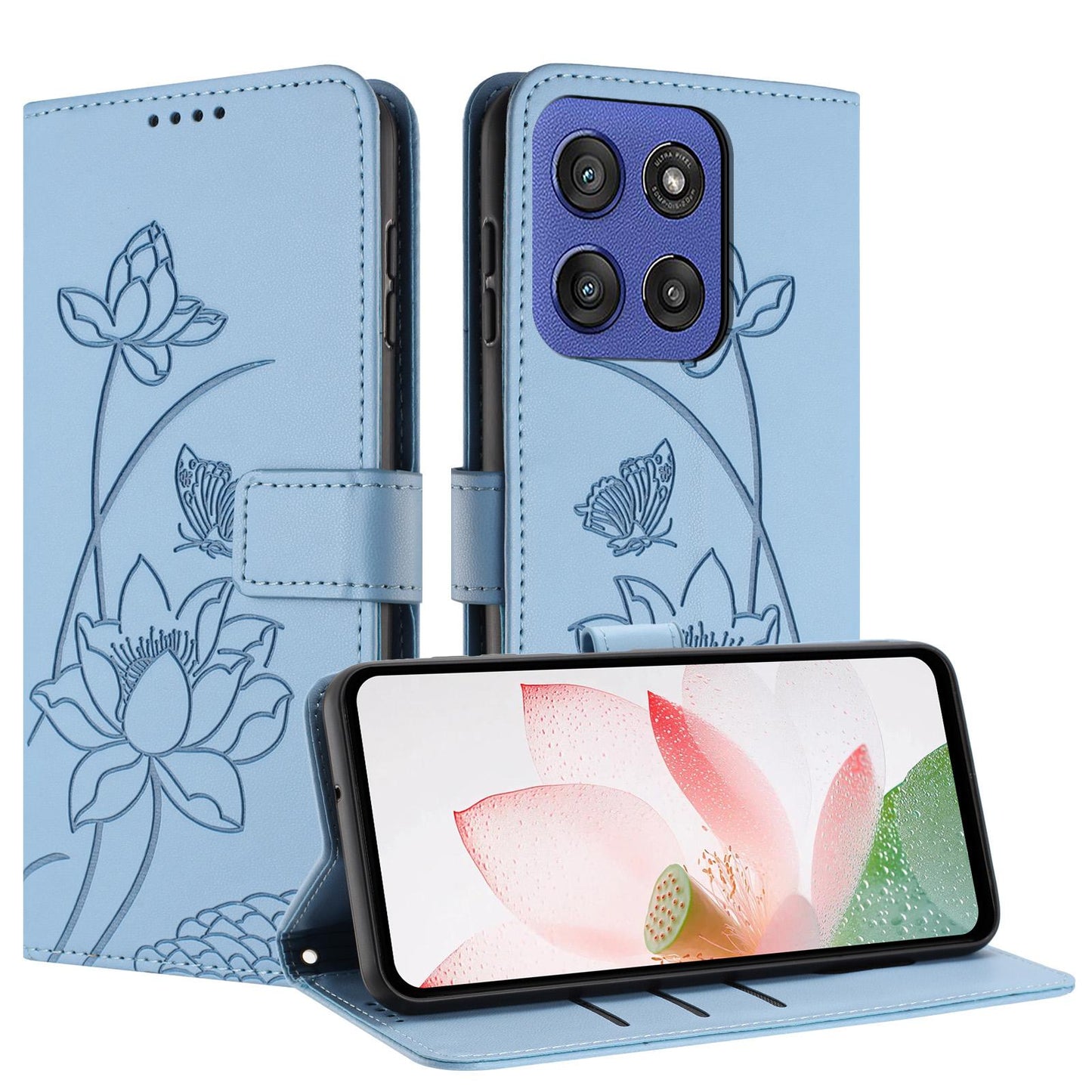 Motorola Moto G Stylus 5G 2025 Lotus Embossed PU Leather Wallet Phone Case with Card Holder, Cash Pocket, Magnetic Flip Stand Cover, Wrist Lanyard Strap, Shockproof TPU Protective Folio Case - Purple