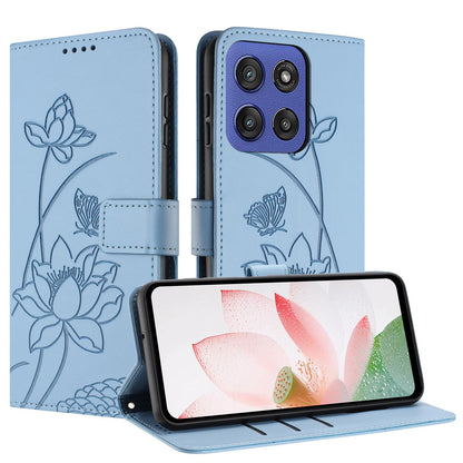 Motorola Moto G Stylus 5G 2025 Lotus Embossed PU Leather Wallet Phone Case with Card Holder, Cash Pocket, Magnetic Flip Stand Cover, Wrist Lanyard Strap, Shockproof TPU Protective Folio Case - Purple