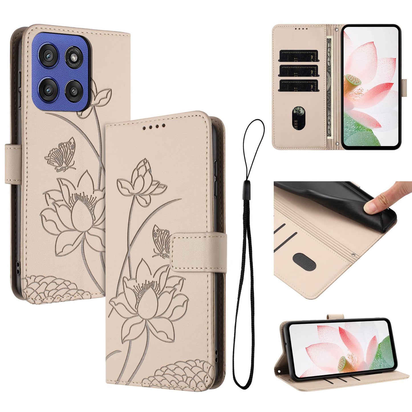 Motorola Moto G Stylus 5G 2025 Lotus Embossed PU Leather Wallet Phone Case with Card Holder, Cash Pocket, Magnetic Flip Stand Cover, Wrist Lanyard Strap, Shockproof TPU Protective Folio Case - Purple