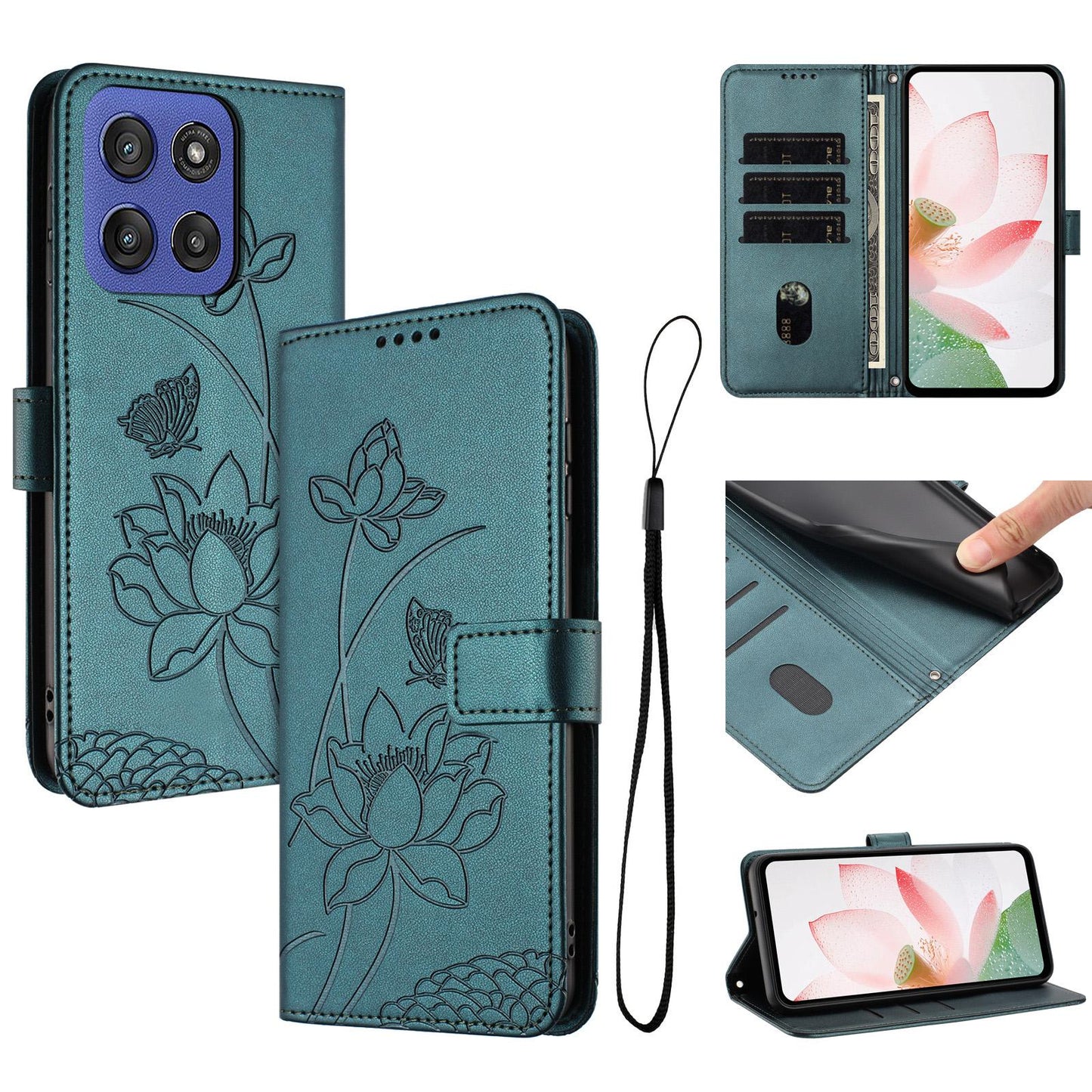 Motorola Moto G Stylus 5G 2025 Lotus Embossed PU Leather Wallet Phone Case with Card Holder, Cash Pocket, Magnetic Flip Stand Cover, Wrist Lanyard Strap, Shockproof TPU Protective Folio Case - Purple