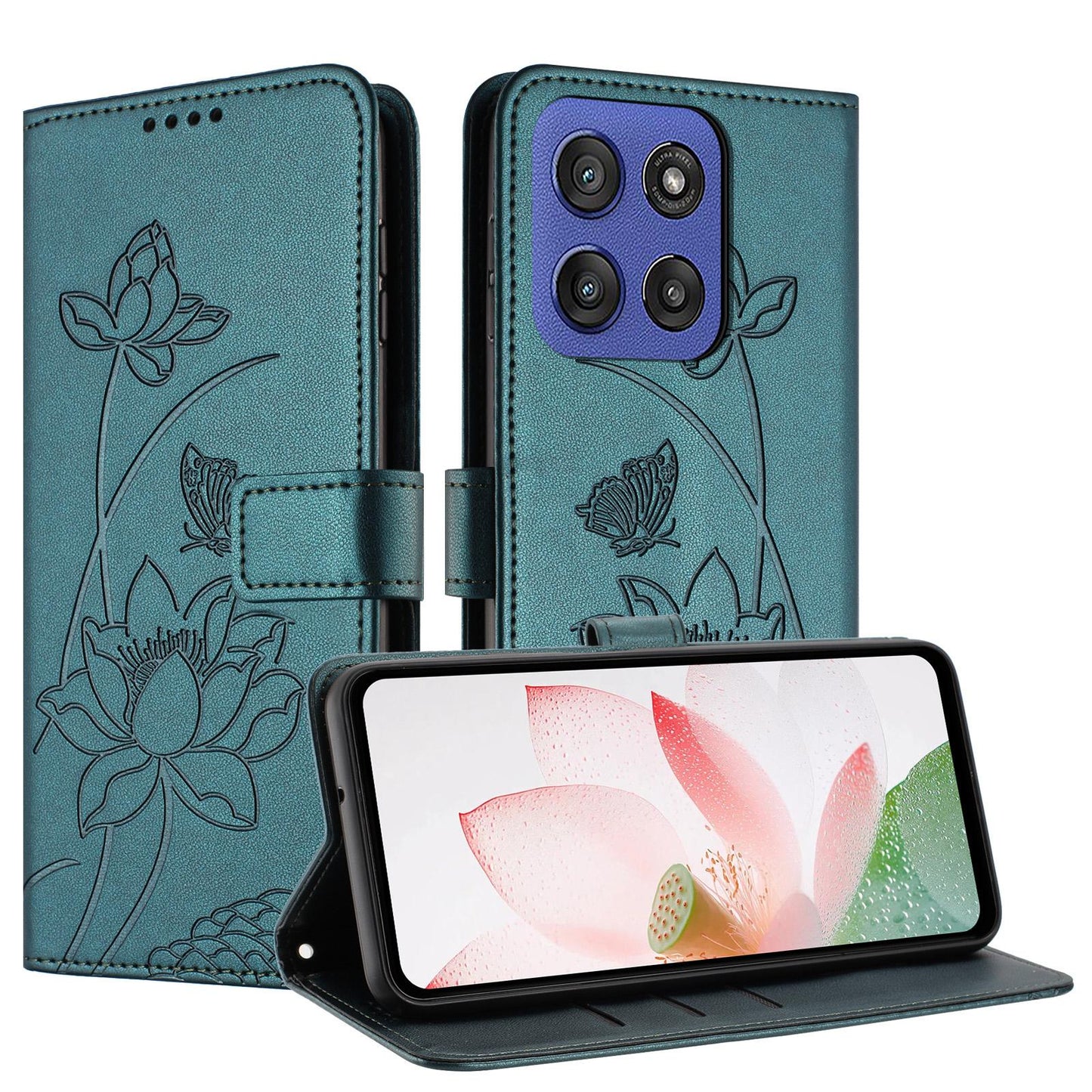 Motorola Moto G Stylus 5G 2025 Lotus Embossed PU Leather Wallet Phone Case with Card Holder, Cash Pocket, Magnetic Flip Stand Cover, Wrist Lanyard Strap, Shockproof TPU Protective Folio Case - Purple
