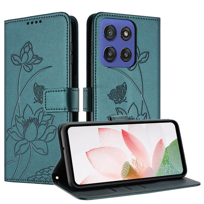 Motorola Moto G Stylus 5G 2025 Lotus Embossed PU Leather Wallet Phone Case with Card Holder, Cash Pocket, Magnetic Flip Stand Cover, Wrist Lanyard Strap, Shockproof TPU Protective Folio Case - Purple