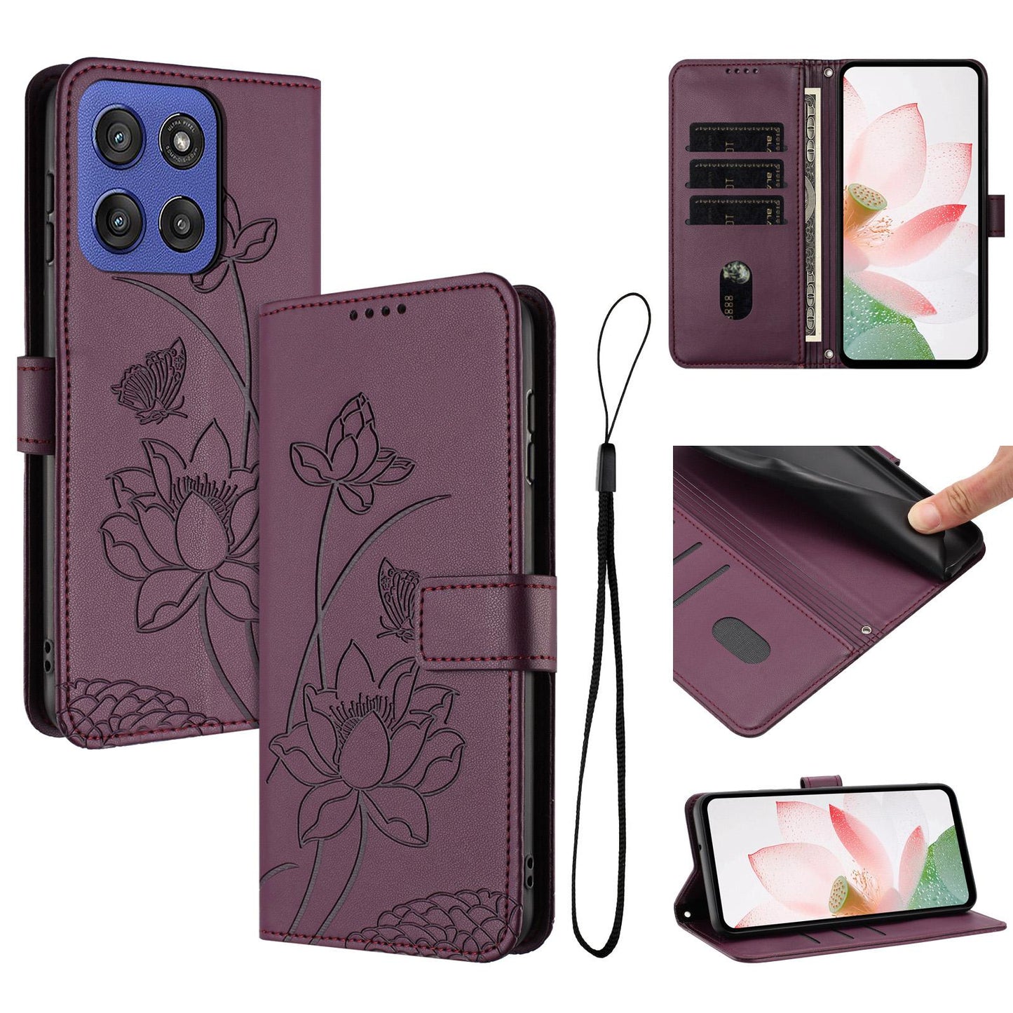 Motorola Moto G Stylus 5G 2025 Lotus Embossed PU Leather Wallet Phone Case with Card Holder, Cash Pocket, Magnetic Flip Stand Cover, Wrist Lanyard Strap, Shockproof TPU Protective Folio Case - Purple