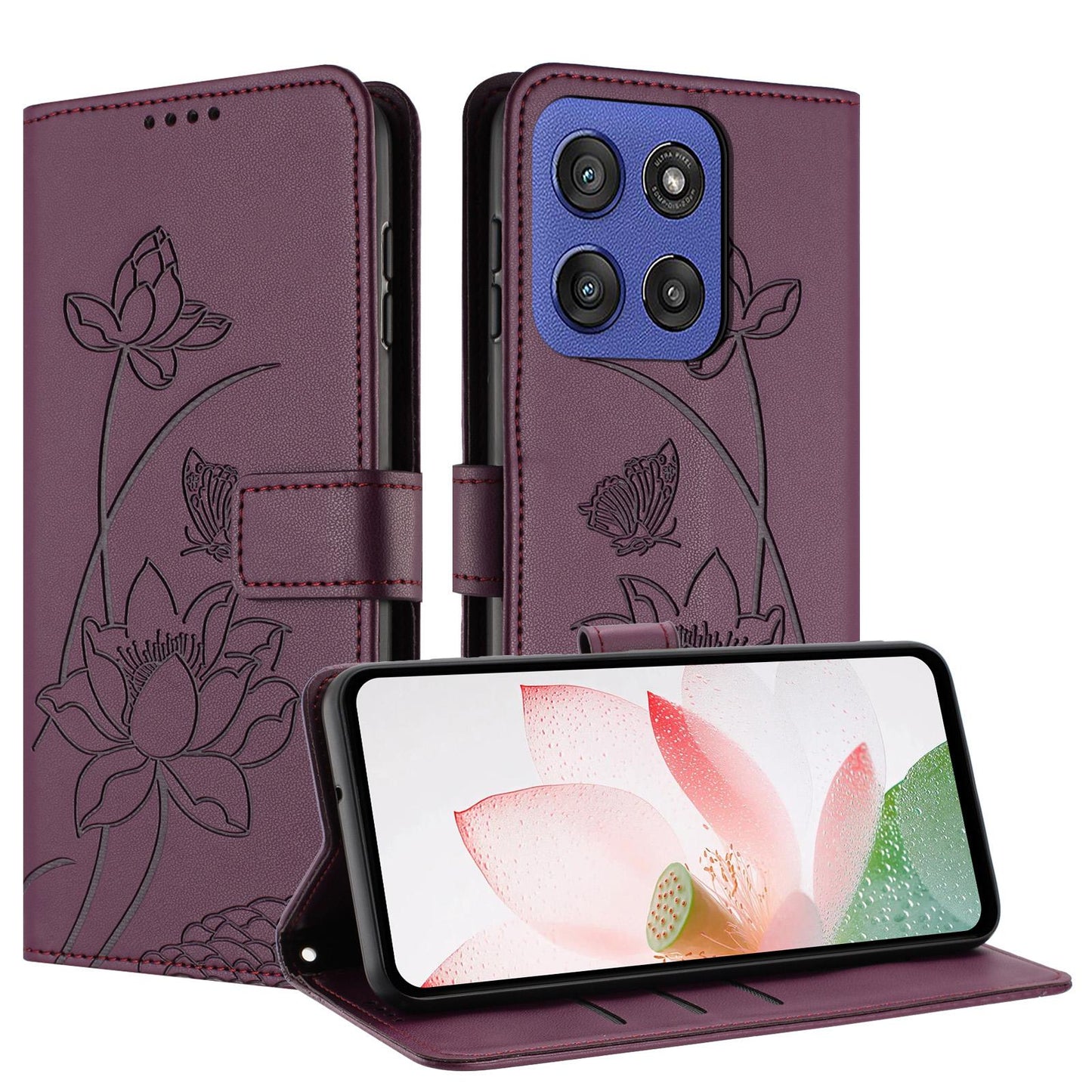 Motorola Moto G Stylus 5G 2025 Lotus Embossed PU Leather Wallet Phone Case with Card Holder, Cash Pocket, Magnetic Flip Stand Cover, Wrist Lanyard Strap, Shockproof TPU Protective Folio Case - Purple