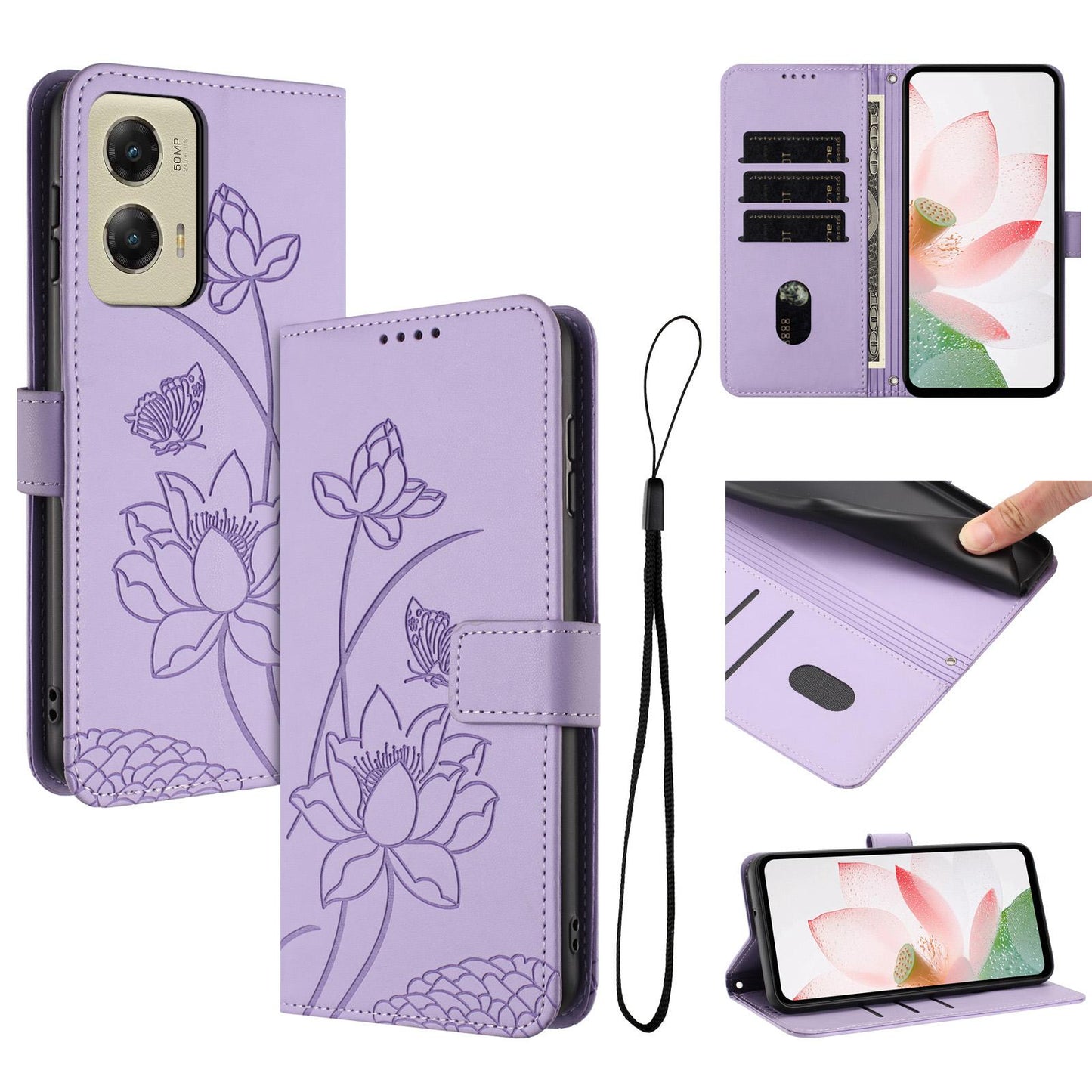 Motorola Moto G Stylus 5G 2024 Lotus Embossed PU Leather Wallet Phone Case with Card Holder, Cash Pocket, Magnetic Flip Stand Cover, Wrist Lanyard Strap, Shockproof TPU Protective Folio Case - Purple