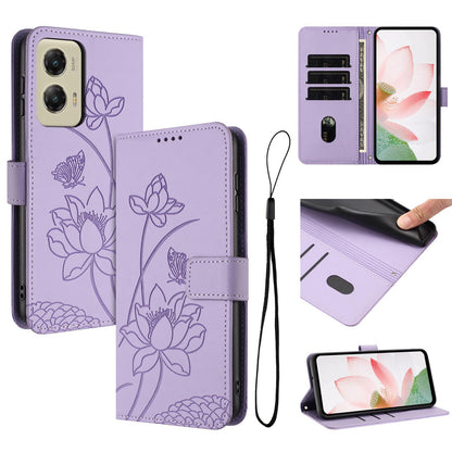 Motorola Moto G Stylus 5G 2024 Lotus Embossed PU Leather Wallet Phone Case with Card Holder, Cash Pocket, Magnetic Flip Stand Cover, Wrist Lanyard Strap, Shockproof TPU Protective Folio Case - Purple
