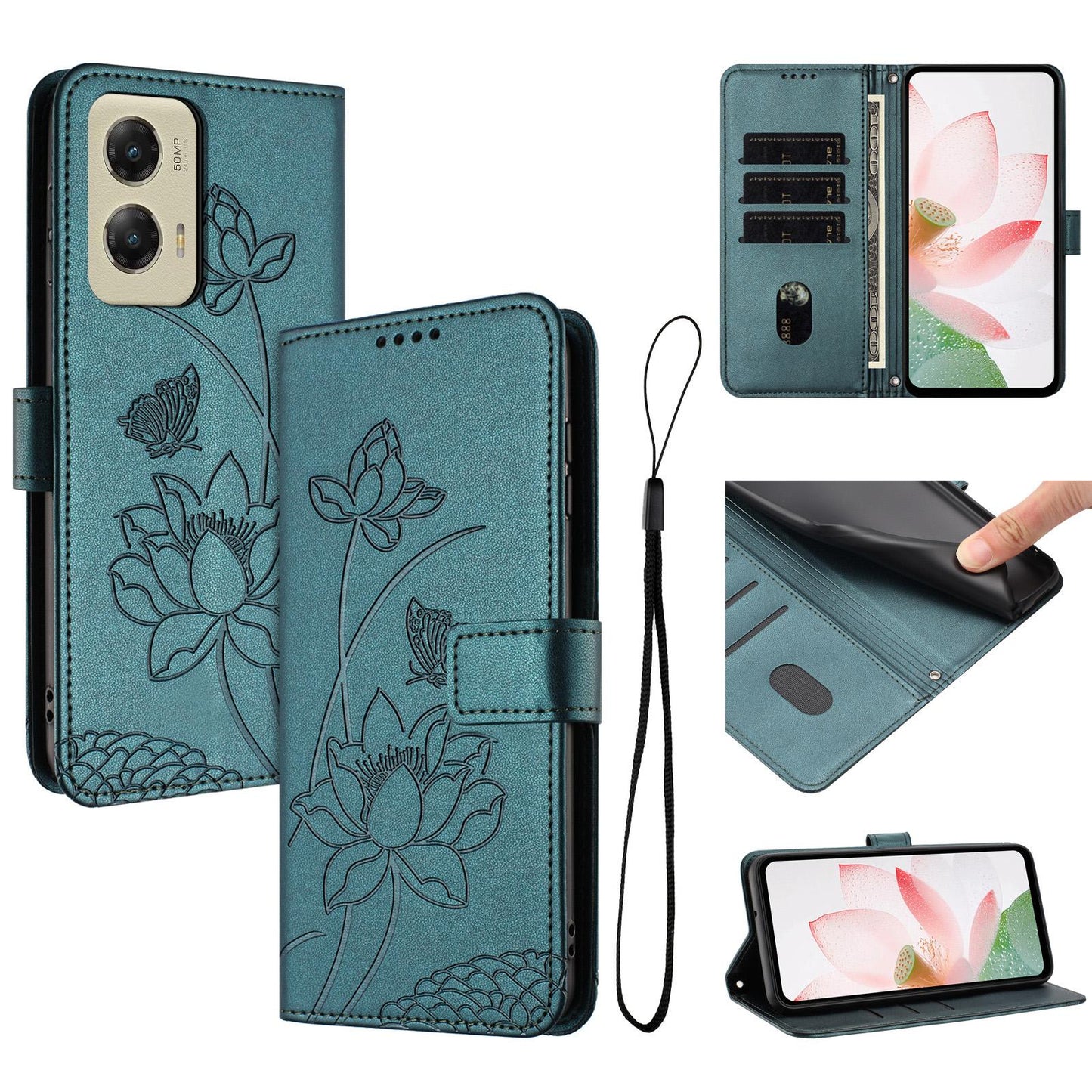 Motorola Moto G Stylus 5G 2024 Lotus Embossed PU Leather Wallet Phone Case with Card Holder, Cash Pocket, Magnetic Flip Stand Cover, Wrist Lanyard Strap, Shockproof TPU Protective Folio Case - Purple