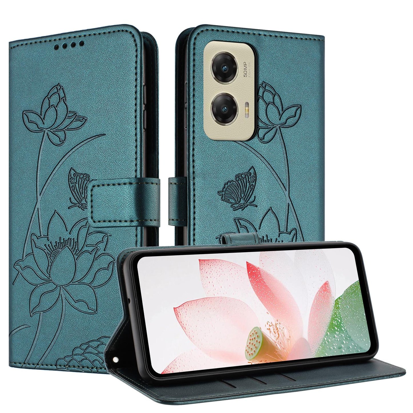 Motorola Moto G Stylus 5G 2024 Lotus Embossed PU Leather Wallet Phone Case with Card Holder, Cash Pocket, Magnetic Flip Stand Cover, Wrist Lanyard Strap, Shockproof TPU Protective Folio Case - Purple