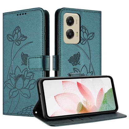 Motorola Moto G Stylus 5G 2024 Lotus Embossed PU Leather Wallet Phone Case with Card Holder, Cash Pocket, Magnetic Flip Stand Cover, Wrist Lanyard Strap, Shockproof TPU Protective Folio Case - Purple