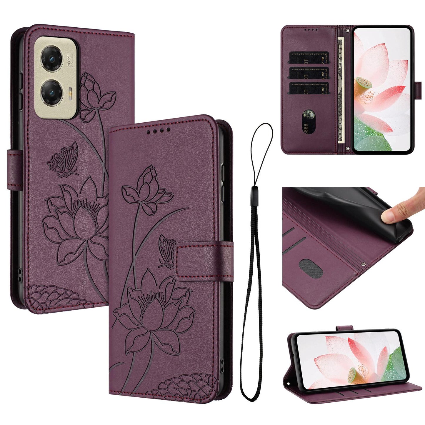 Motorola Moto G Stylus 5G 2024 Lotus Embossed PU Leather Wallet Phone Case with Card Holder, Cash Pocket, Magnetic Flip Stand Cover, Wrist Lanyard Strap, Shockproof TPU Protective Folio Case - Purple