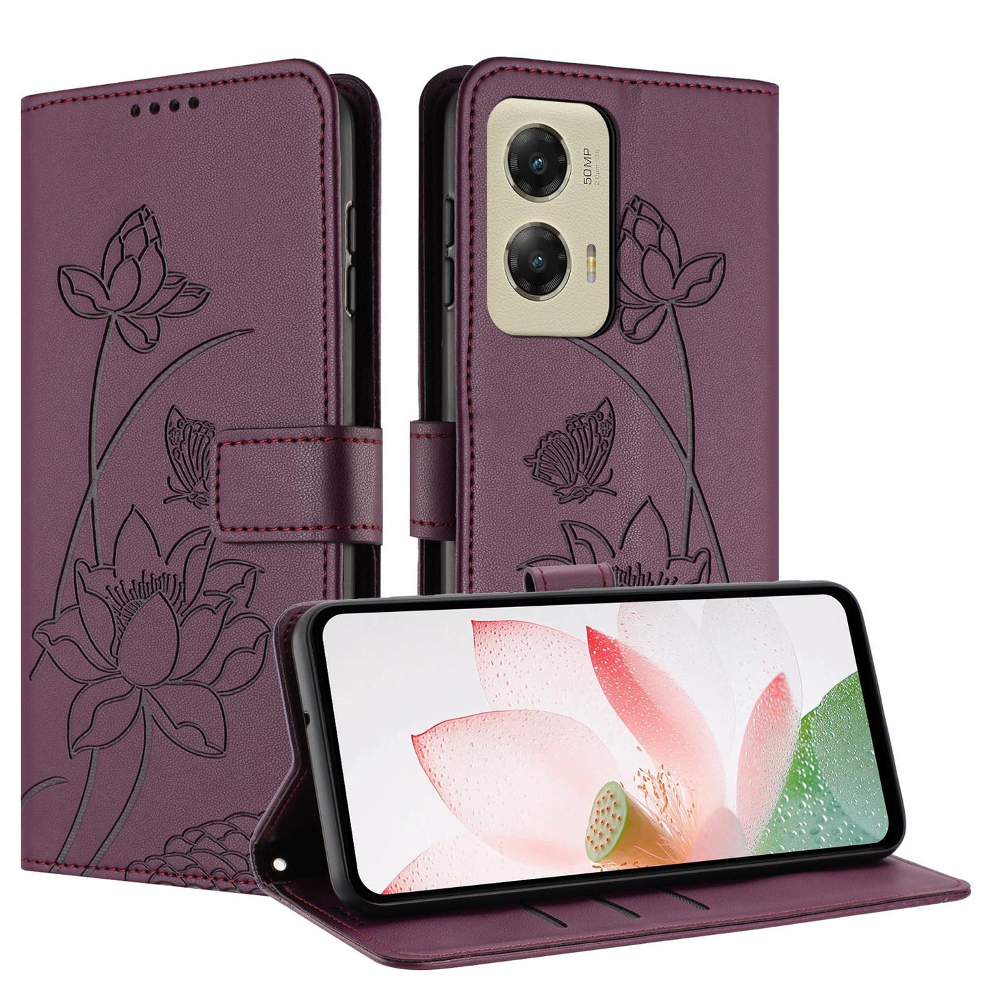 Motorola Moto G Stylus 5G 2024 Lotus Embossed PU Leather Wallet Phone Case with Card Holder, Cash Pocket, Magnetic Flip Stand Cover, Wrist Lanyard Strap, Shockproof TPU Protective Folio Case - Purple