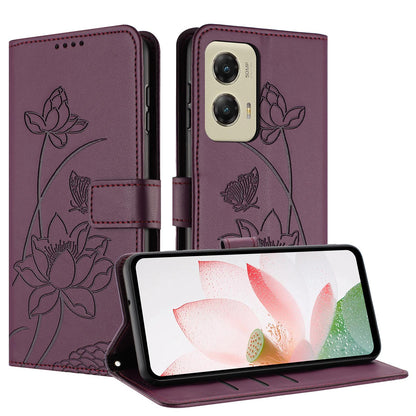 Motorola Moto G Stylus 5G 2024 Lotus Embossed PU Leather Wallet Phone Case with Card Holder, Cash Pocket, Magnetic Flip Stand Cover, Wrist Lanyard Strap, Shockproof TPU Protective Folio Case - Purple