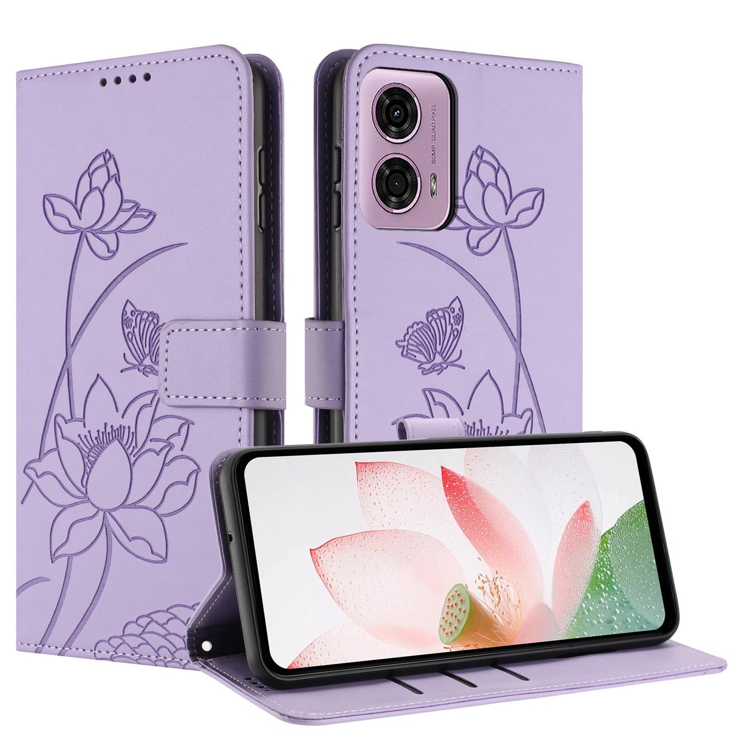 Motorola Moto G04 Lotus Embossed PU Leather Wallet Phone Case with Card Holder, Cash Pocket, Magnetic Flip Stand Cover, Wrist Lanyard Strap, Shockproof TPU Protective Folio Case - Purple