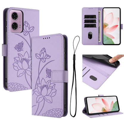 Motorola Moto G04s Lotus Embossed PU Leather Wallet Phone Case with Card Holder, Cash Pocket, Magnetic Flip Stand Cover, Wrist Lanyard Strap, Shockproof TPU Protective Folio Case - Purple