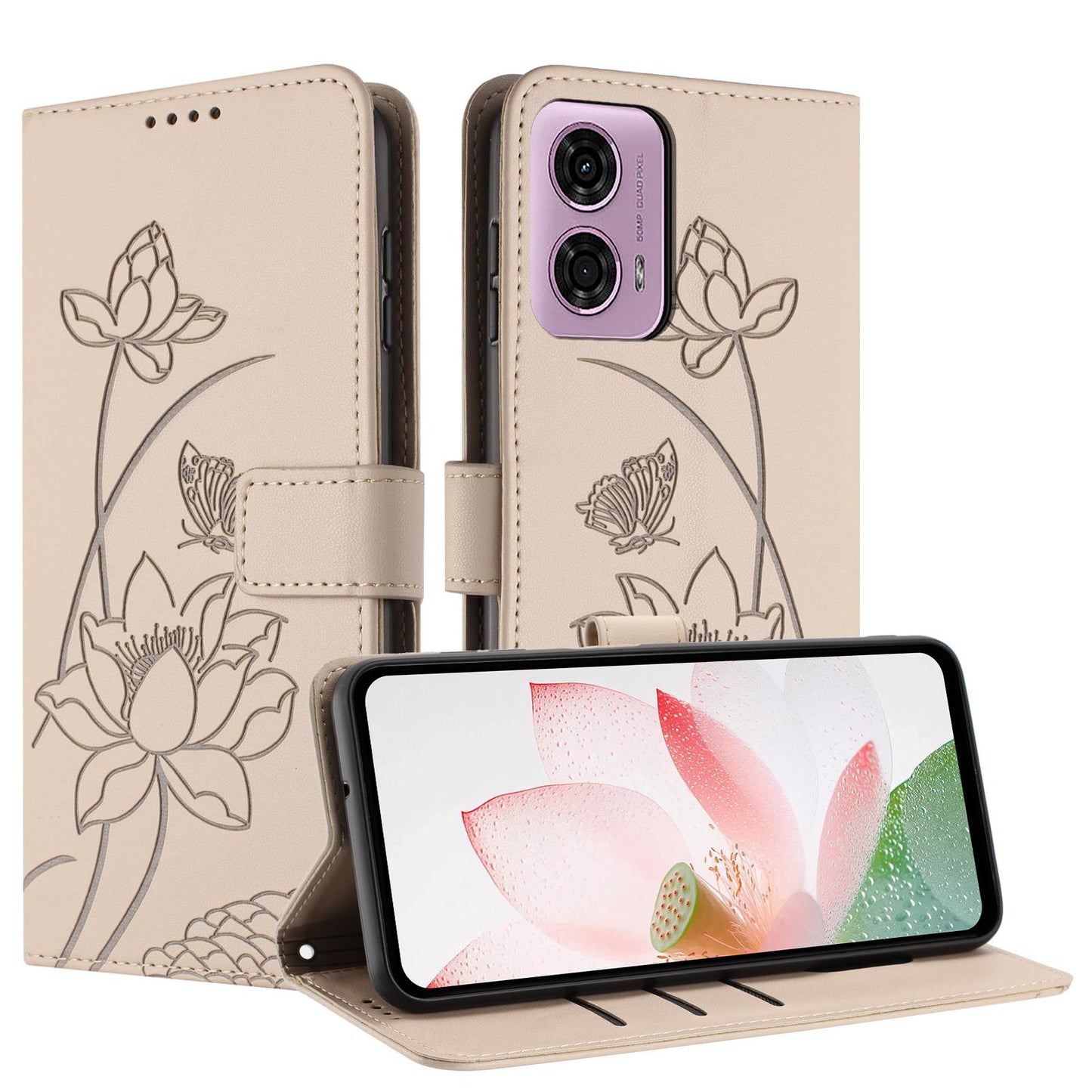 Motorola Moto G04s Lotus Embossed PU Leather Wallet Phone Case with Card Holder, Cash Pocket, Magnetic Flip Stand Cover, Wrist Lanyard Strap, Shockproof TPU Protective Folio Case - Purple