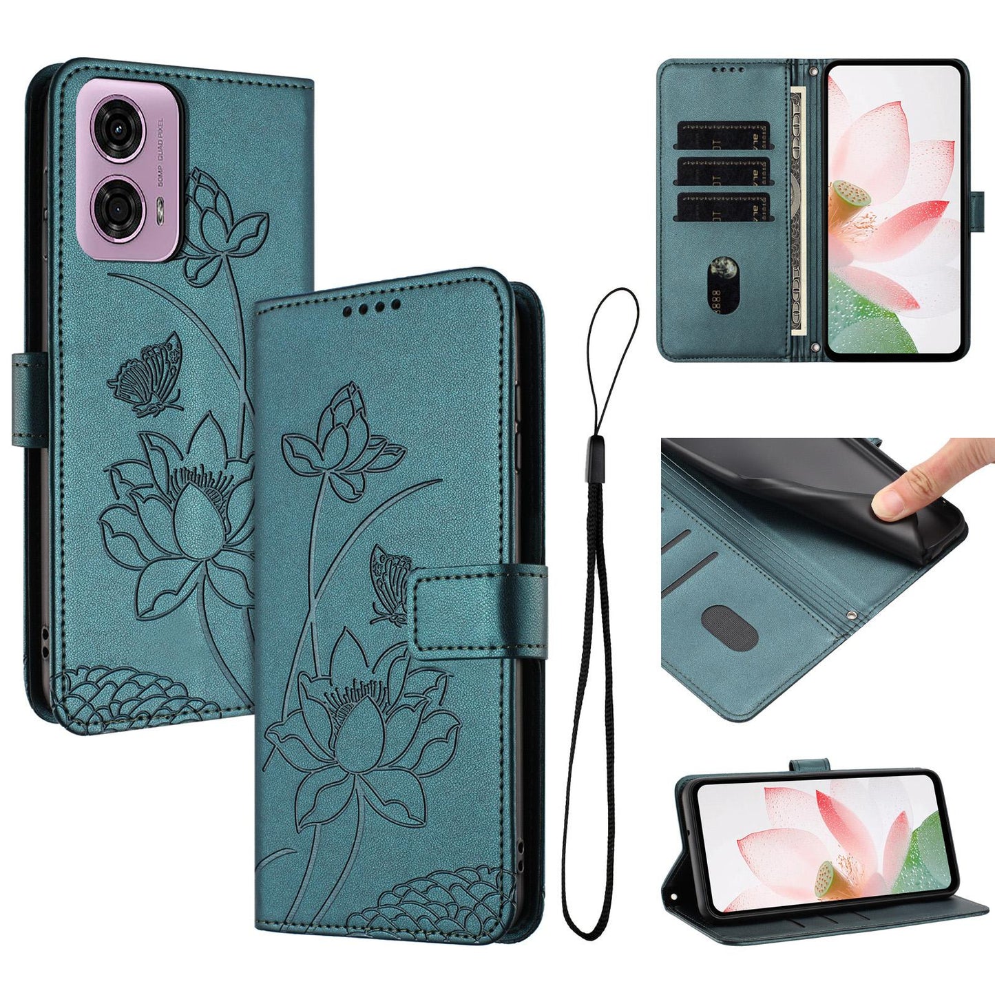 Motorola Moto G04 Lotus Embossed PU Leather Wallet Phone Case with Card Holder, Cash Pocket, Magnetic Flip Stand Cover, Wrist Lanyard Strap, Shockproof TPU Protective Folio Case - Purple