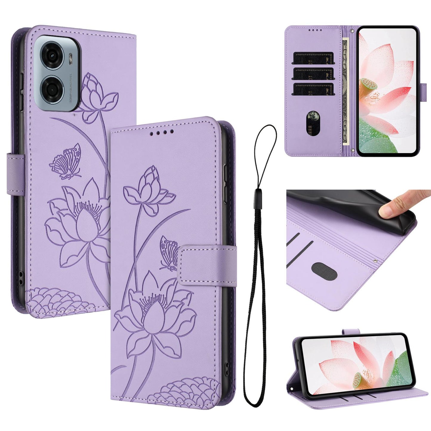 Motorola Moto E15 Lotus Embossed PU Leather Wallet Phone Case with Card Holder, Cash Pocket, Magnetic Flip Stand Cover, Wrist Lanyard Strap, Shockproof TPU Protective Folio Case - Purple