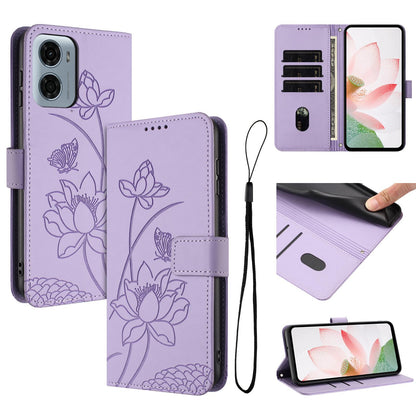 Motorola Moto E15 Lotus Embossed PU Leather Wallet Phone Case with Card Holder, Cash Pocket, Magnetic Flip Stand Cover, Wrist Lanyard Strap, Shockproof TPU Protective Folio Case - Purple