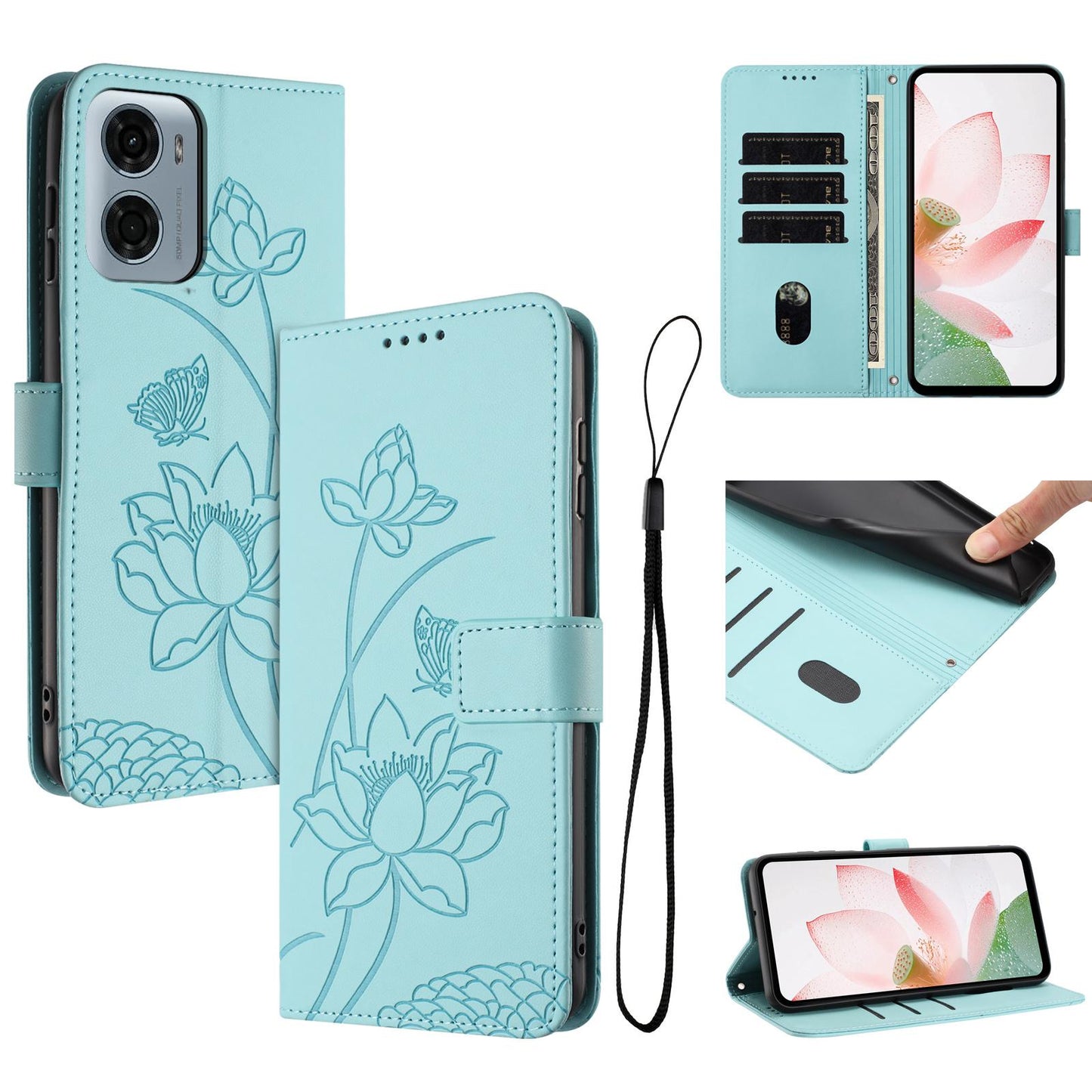 Motorola Moto E15 Lotus Embossed PU Leather Wallet Phone Case with Card Holder, Cash Pocket, Magnetic Flip Stand Cover, Wrist Lanyard Strap, Shockproof TPU Protective Folio Case - Purple
