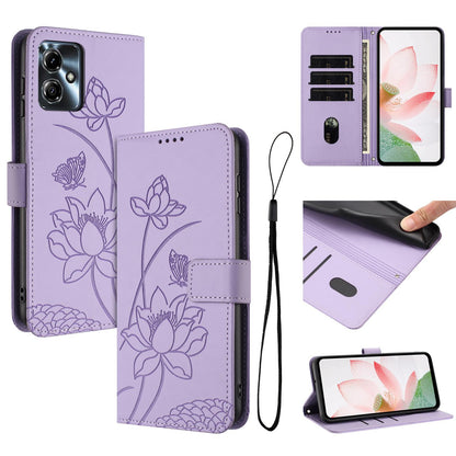 Motorola Moto G14 Lotus Embossed PU Leather Wallet Phone Case with Card Holder, Cash Pocket, Magnetic Flip Stand Cover, Wrist Lanyard Strap, Shockproof TPU Protective Folio Case - Purple