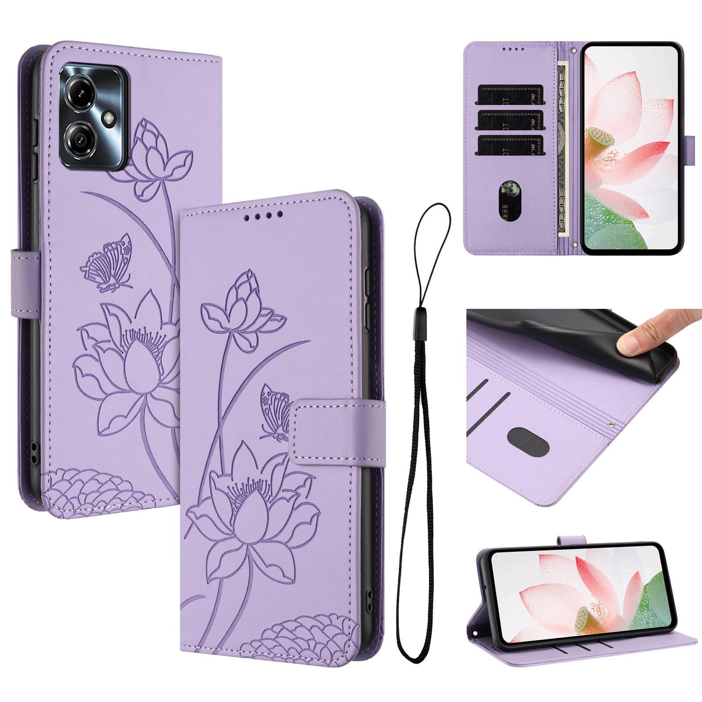 Motorola Moto G64 5G Lotus Embossed PU Leather Wallet Phone Case with Card Holder, Cash Pocket, Magnetic Flip Stand Cover, Wrist Lanyard Strap, Shockproof TPU Protective Folio Case - Purple