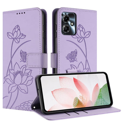 Motorola Moto G64 5G Lotus Embossed PU Leather Wallet Phone Case with Card Holder, Cash Pocket, Magnetic Flip Stand Cover, Wrist Lanyard Strap, Shockproof TPU Protective Folio Case - Purple