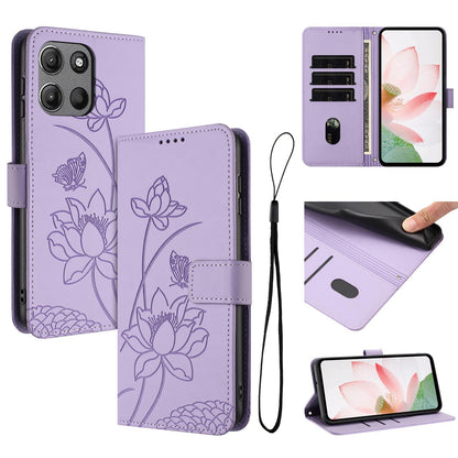 Motorola Moto G15 Power Lotus Embossed PU Leather Wallet Phone Case with Card Holder, Cash Pocket, Magnetic Flip Stand Cover, Wrist Lanyard Strap, Shockproof TPU Protective Folio Case - Purple