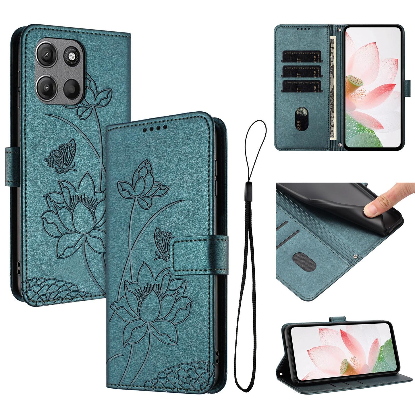 Motorola Moto G15 Lotus Embossed PU Leather Wallet Phone Case with Card Holder, Cash Pocket, Magnetic Flip Stand Cover, Wrist Lanyard Strap, Shockproof TPU Protective Folio Case - Purple