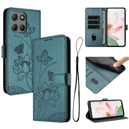 Motorola Moto G15 Lotus Embossed PU Leather Wallet Phone Case with Card Holder, Cash Pocket, Magnetic Flip Stand Cover, Wrist Lanyard Strap, Shockproof TPU Protective Folio Case - Purple