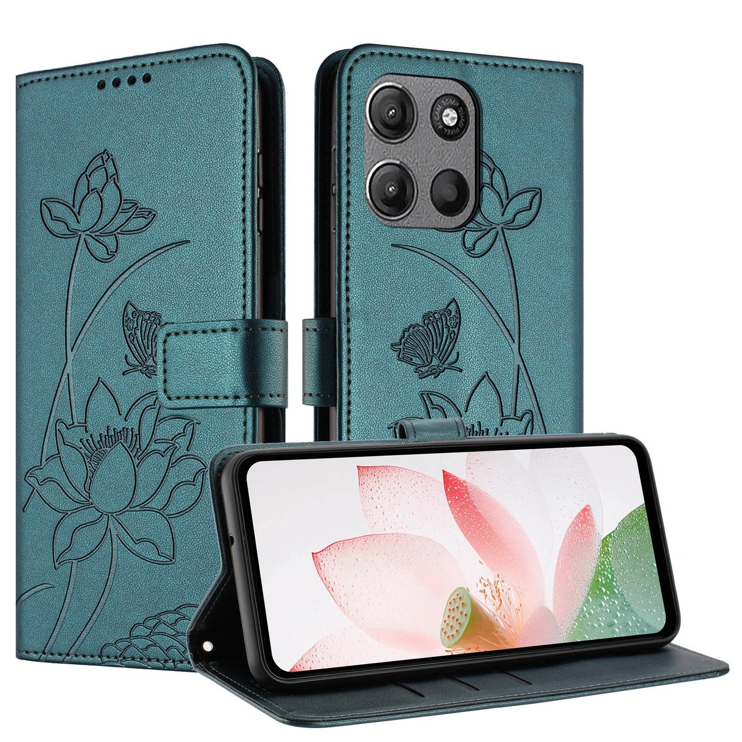 Motorola Moto G15 Lotus Embossed PU Leather Wallet Phone Case with Card Holder, Cash Pocket, Magnetic Flip Stand Cover, Wrist Lanyard Strap, Shockproof TPU Protective Folio Case - Purple