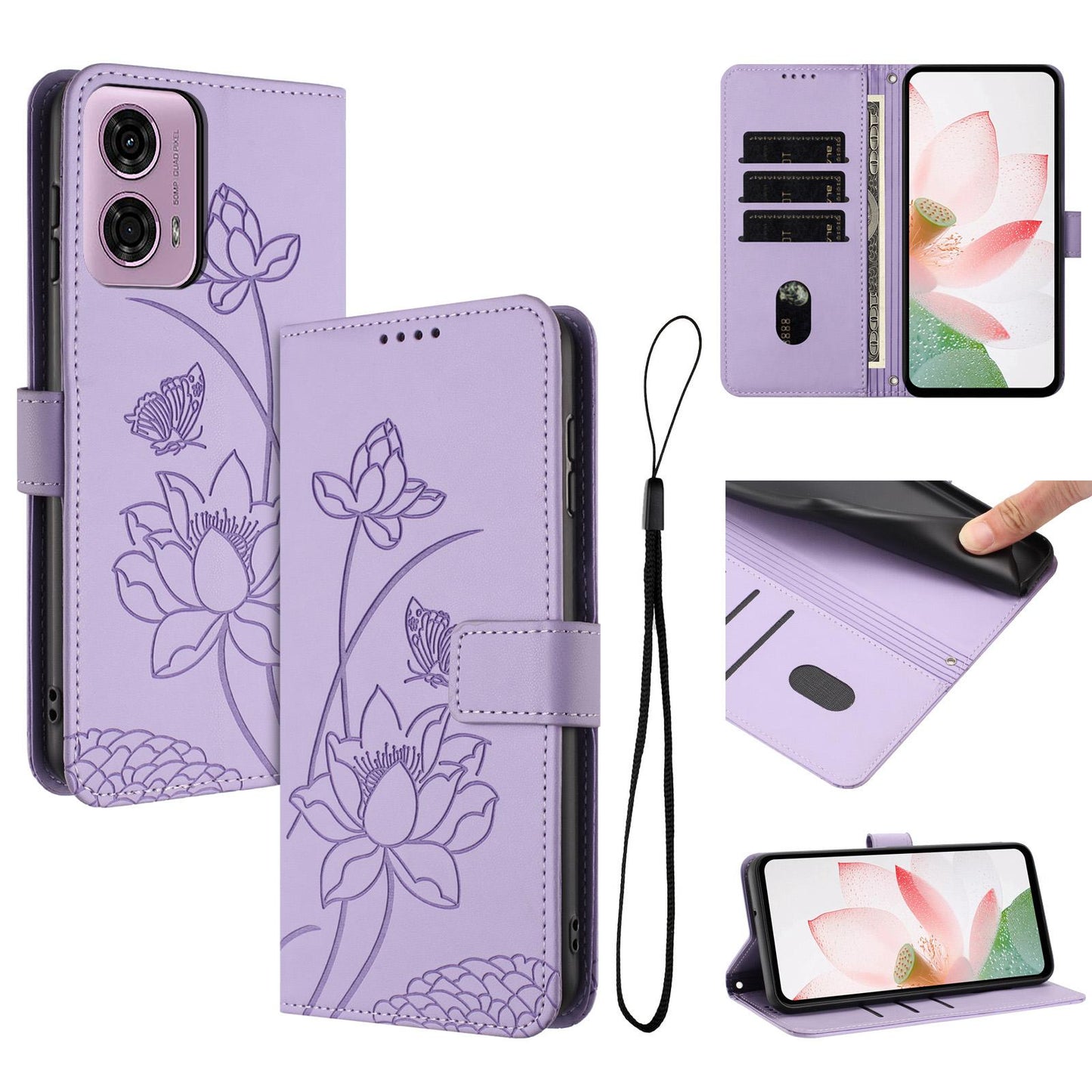 Motorola Moto G34 Lotus Embossed PU Leather Wallet Phone Case with Card Holder, Cash Pocket, Magnetic Flip Stand Cover, Wrist Lanyard Strap, Shockproof TPU Protective Folio Case - Purple