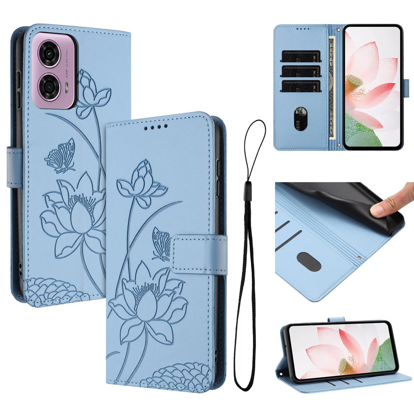 Motorola Moto G34 Lotus Embossed PU Leather Wallet Phone Case with Card Holder, Cash Pocket, Magnetic Flip Stand Cover, Wrist Lanyard Strap, Shockproof TPU Protective Folio Case - Purple