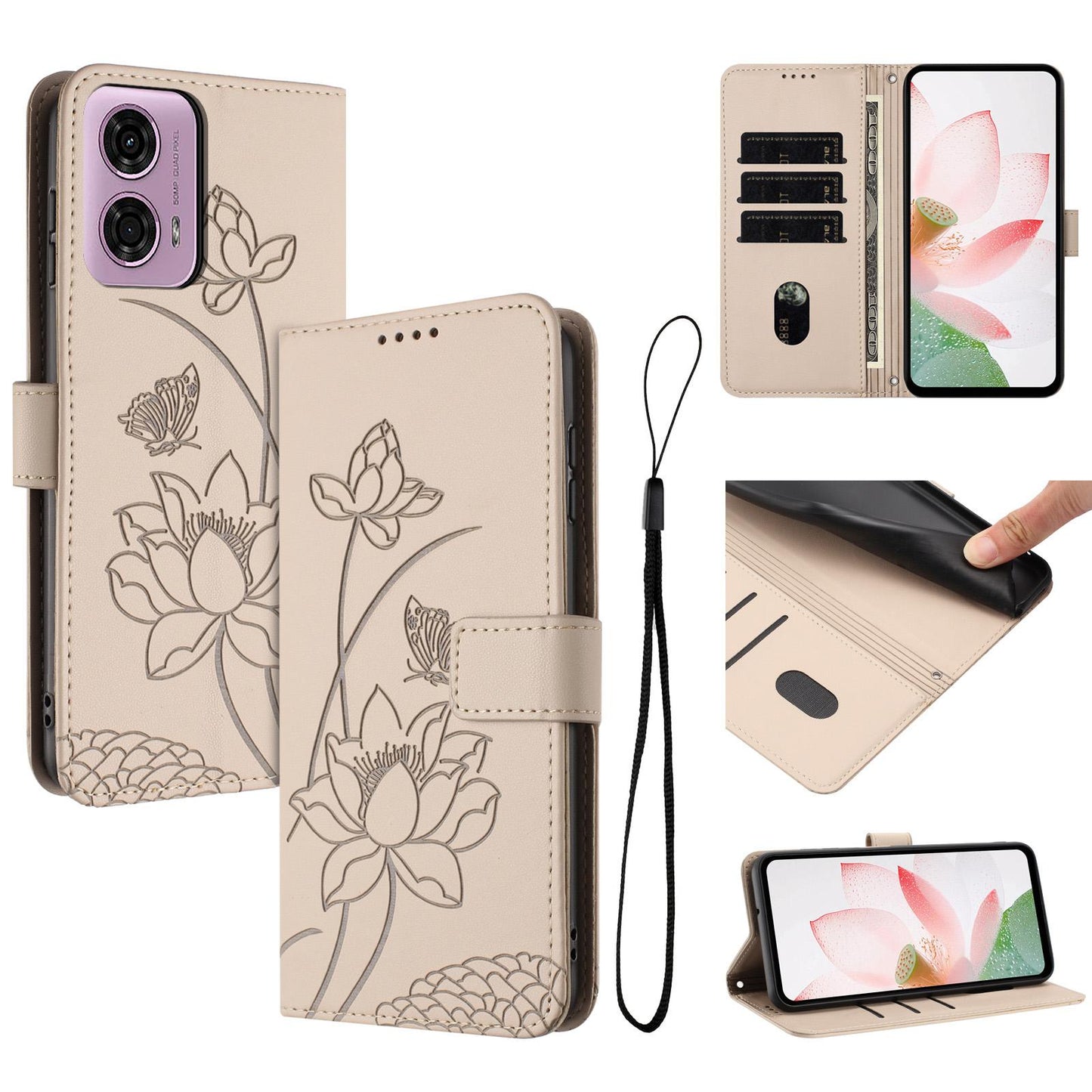 Motorola Moto G34 Lotus Embossed PU Leather Wallet Phone Case with Card Holder, Cash Pocket, Magnetic Flip Stand Cover, Wrist Lanyard Strap, Shockproof TPU Protective Folio Case - Purple