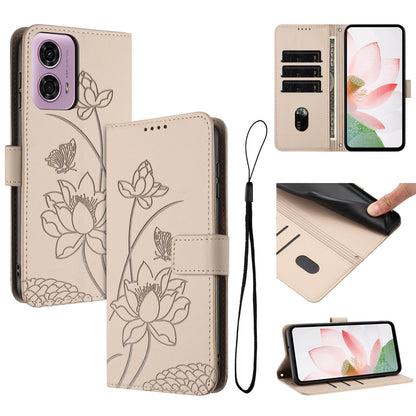 Motorola Moto G34 Lotus Embossed PU Leather Wallet Phone Case with Card Holder, Cash Pocket, Magnetic Flip Stand Cover, Wrist Lanyard Strap, Shockproof TPU Protective Folio Case - Purple