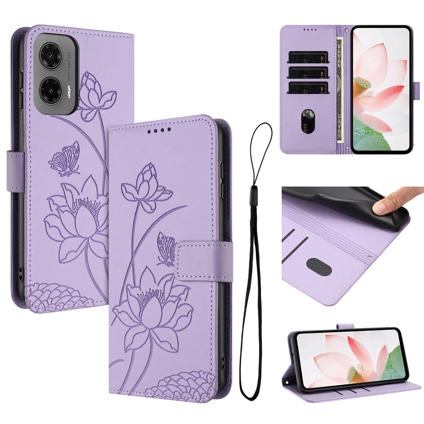 Motorola Moto G35 Lotus Embossed PU Leather Wallet Phone Case with Card Holder, Cash Pocket, Magnetic Flip Stand Cover, Wrist Lanyard Strap, Shockproof TPU Protective Folio Case - Purple