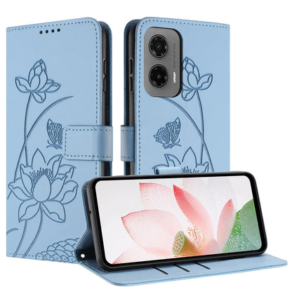 Motorola Moto G35 Lotus Embossed PU Leather Wallet Phone Case with Card Holder, Cash Pocket, Magnetic Flip Stand Cover, Wrist Lanyard Strap, Shockproof TPU Protective Folio Case - Purple