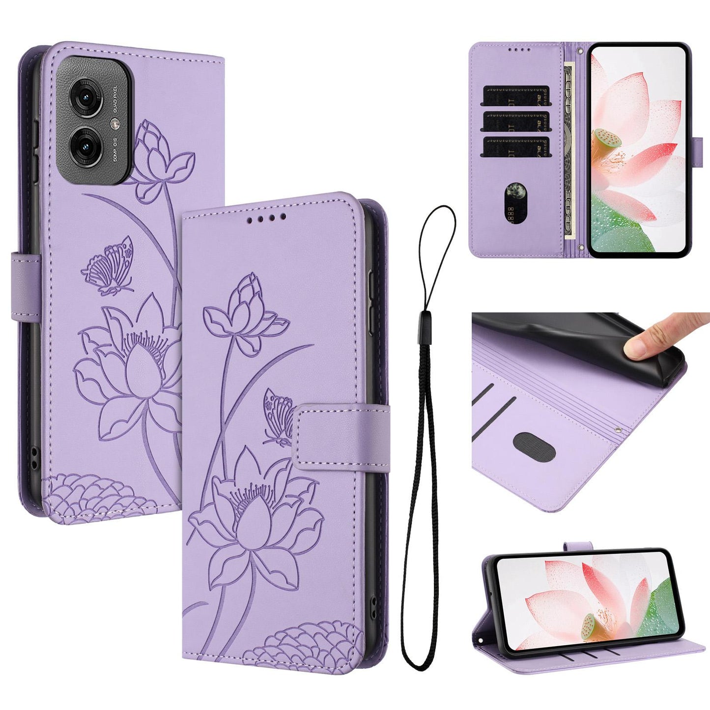 Motorola Moto G55 Lotus Embossed PU Leather Wallet Phone Case with Card Holder, Cash Pocket, Magnetic Flip Stand Cover, Wrist Lanyard Strap, Shockproof TPU Protective Folio Case - Purple